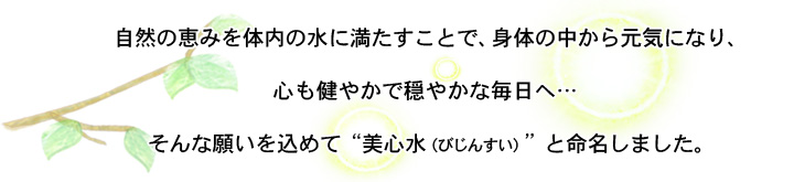 自然の恵みを体内の水に満たすことで、身体の中から元気になり、心も健やかで穏やかな毎日へ…。そんな願いを込めて美心水（びじんすい） と命名しました。